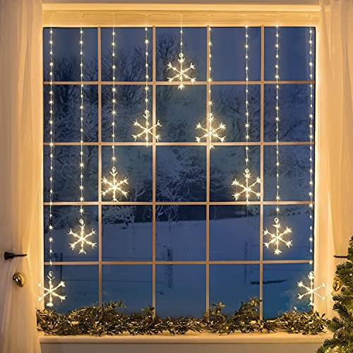 CHRISTOW Christmas Curtain Lights for Windows, 9 Snowflake String Light Decoration, 325 Warm White Micro LEDs, Indoor Outdoor Home Garden Xmas Lighting, Mains Powered with 5m Cable (H1.2m x W1.2m)