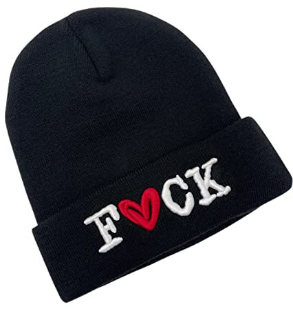 Outfitfabrik Beanie Fuck-Herz in schwarz mit 3D-Stick in weiß und rot (Strickmütze, warme Wintermütze, Provokation) für Männer und Frauen, dehnbar