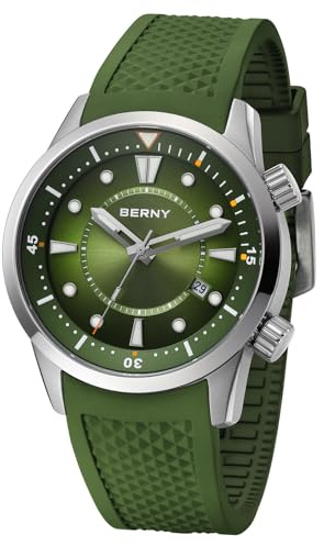 BERNY Taucheruhr für Herren automatische Armbanduhr 20ATM Wasserdicht | Super leuchtend, AR-beschichtetes Saphirglas, bidirektional drehbare Lünette, Sichtboden, Datumsanzeige, verschraubte Krone