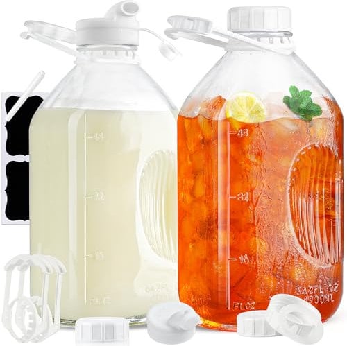 Bouteille de lait en verre de 1,2 gallon avec couvercle à vis hermétique réutilisable et poignée – Bouteilles d'eau en verre robuste de 2 litres – Pichet à lait maternel avec lignes d'échelle