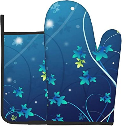 Blue Mini Flower Swirl Printed Oven Mitts And Pot Holders Sets,Washable Heat Resistant Kitchen Non-Slip Printed Grip Oven Gloves For Microwave Bbq Cooking Baking Grilling