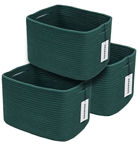 Aufbewahrungskörbe aus Baumwollseil, 37 x 24 x 23 cm, zum Organisieren von Regalen, rechteckig, quadratisch, dekorativ, für Kleidung, Spielzeug, Bücher, Handtücher, Kinderzimmer, 3 Stück, Dunkelgrün