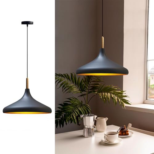 bamyum Champion Pendelleuchte Schwarz Gold aus Holz und Metall 35 cm, Hängelampe Esstisch, Küchenlampe Hängend E27, Hängelampe Schwarz für Kinderzimmer, Schlafzimmer, Wohnzimmer