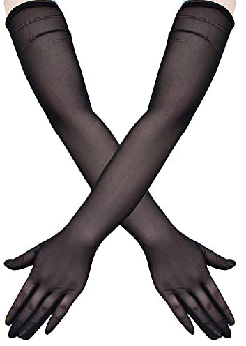 Liitata 1 Paar Lange Tüllhandschuhe Opera Party Handschuhe Halb Transparent Ellbogen Länge Handschuhe für Hochzeit Halloween Maskerade Karneval Thema Party - Schwarz