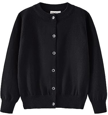 Rolanko Cardigan da Bambina a Maglia a Maniche Lunghe in Cotone，Maglione Girocollo Basic Schoolwear, Nero, Taglia: 140