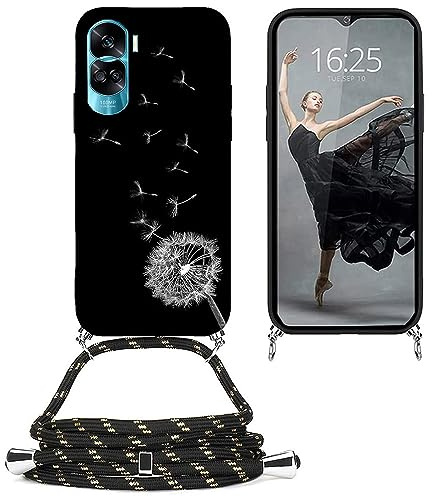 EuoDuo Compatible avec Honor 90 Lite Coque Cordon Tour de Cou Telephone Portable Réglable Collier Étui Silicone TPU Noir Motifs Cover Protection Complète - Pissenlit