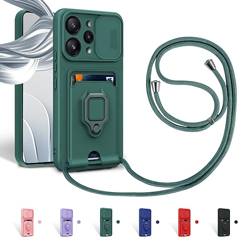 Aithne Case für Xiaomi Redmi 12 Handykette Hüll,Slide kameraschutz,Silikon Handyhülle zum Umhängen Kette,360 Grad Ringhalter Stand Kartenfach-Grün