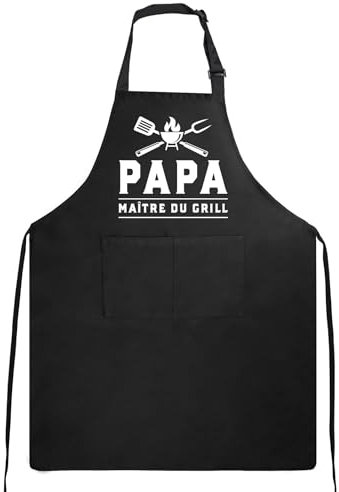 GEBETTER Tablier Cuisine Papa Étanche Réglable avec Poche Tablier Homme Barbecue Noir Cadeau Papa pour Fête Père Anniversaire Noël (PAPA MAÎTRE DU GRILL)