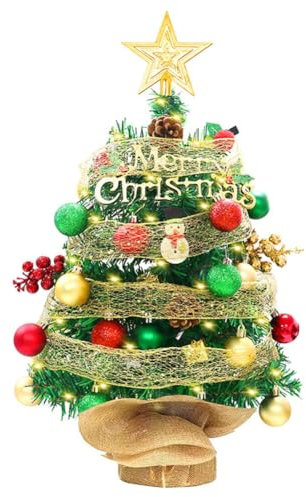 ISAKEN Künstlicher Weihnachtsbaum, 60cm Mini Weihnachtsbaum Tischplatte Tannenbaum mit LED Light und Weihnachtskugeln Christbaum Weihnachtsdeko Xmas-Deko Geschmückt für Schreibtisch, Zuhause, Büro