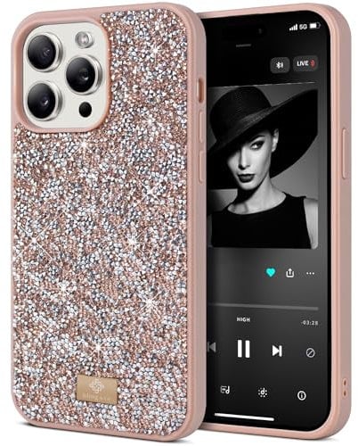 BEZ Phone Case for iPhone 15 Pro Max Case Glitter, with Bling & Co. Series, Sparkle Diamond Crystal Bling Cover for iPhone 15 Pro Max, Tuscan Beige