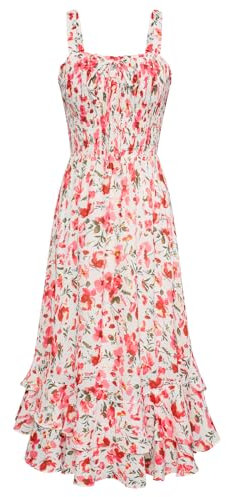 GRACE KARIN Robe de Plage Décontractées pour Femmes Élégante à Motif Floral à Bretelles Spaghetti M Fleurs Roses sur Blanc