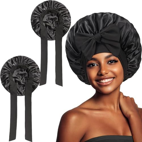 2 Stück Seidenhaube zum Schlafen, Satin Haarhaube Bonnet für Die Nacht, Atmungsaktive und Anpassbare Schlafhaube Seide, Weiche Silk Bonnet für Damen und Mädchen