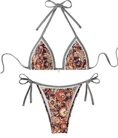 BYFINECANY Maillot de Bain pour Femme Imprimé Floral Dos Nu Paisley Été Maillot de Bain Bikinis, Marron, Taille L