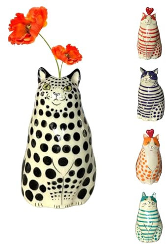 Süße Polka Punktkatze Vase - Katzenliebhaber Geschenk, lustige Katzenblume -Vase einzigartige handgefertigte winzige Tiervasen für Wohnkultur, Regalvasen für Dekoration (Black 1 Pcs)