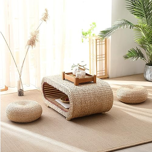 Gewebter Rattan-Couchtisch im japanischen Stil mit 2 Hockern – Tatami-Teetisch & Vintage-Bodentisch für Wohnzimmer Zuhause