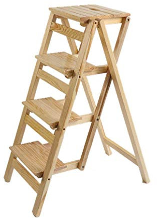 Solid Wood Folding Step Stool with 4 Steps for Kitchen Office Multifunctional Black Wooden Shelving Ladder Foldable Library Steps Chair