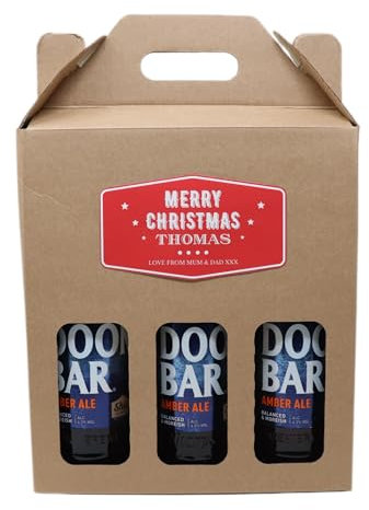 Personalised Kraft Beer Box Carrier & 3 Bottles of Beer Gift Set For Men, Dad, Son & Grandad For Christmas (Red Christmas Label, Doom Bar Amber Ale)