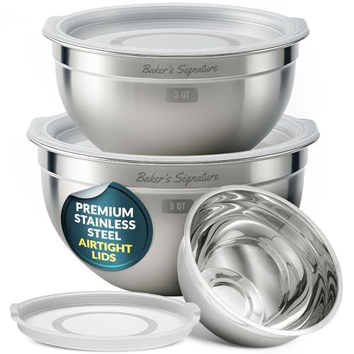 Baker's Signature Stainless Steel Mixing Bowl With Lid, Metal Mixing Bowl Set Of 3, Nesting Set For Food Prep, Baking,Storage, Cooking, Serving | Dishwasher & Microwave Safe, Silver, 1.5/3/5 Qt