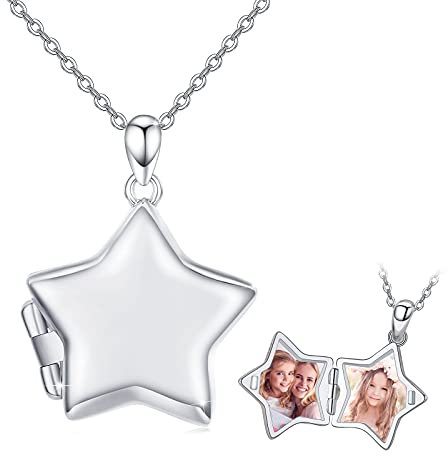 OHAYOO Medaillon Zum Öffnen für Bilder 925 Sterling Silber Stern Kette Mädchen Mit Bild Foto Amulett Zum Öffnen Stern Schmuck Geschenke für Frauen Mädchen Kinder (Silber Personalisierung)