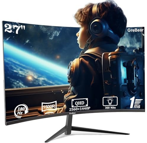 27 Inch Gaming Monitor Curved 1440P 180HZ 2K, Professional PC Display QHD 2560x1440p Home Office Computer Screen, HDMI, DP, AdaptiveSync, 1500R, Tilt Adjustable, Build-in Speaker, 100x100mm VESA
