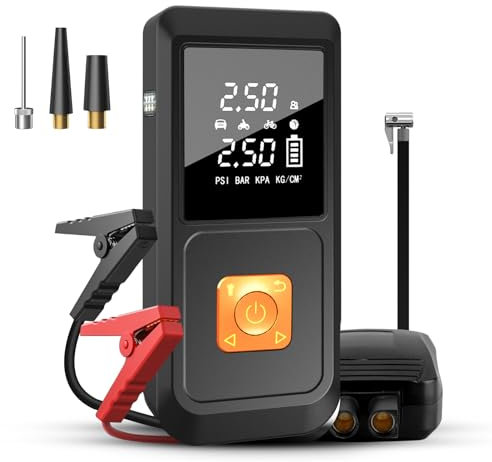 Hexinex Starthilfe Powerbank, 10000mAh, 12V, 6.5L Gas, 5.0l Diesel, Luftpumpe, Handy Powerbank mit LED Licht, Multifunktional Jumper, Tragbare Starthilfe Powerbank für Auto, Mini Kompressor