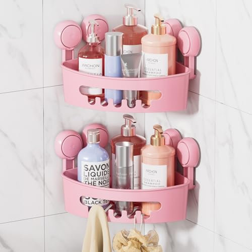 TAILI LEVERLOC Mensola da Doccia con Ventosa per Bagno Doccia Caddy Carrello di stoccaggio Senza Foratura Portaoggetti Organizer per per Accessori da Bagno o Cucina,Rosa