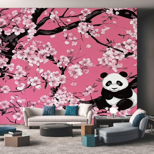 Pink Wallpaper, Japanese Panda Japan Sakura Wallpaper for Living Room, Bedroom, Non-Woven Decor Wall Paper, Photo Mural Dining Room, Hallway, Lounge, 200 X 140 cm