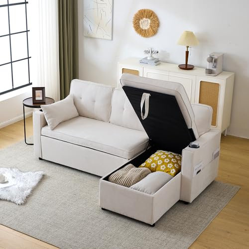 Jtyca 3-in-1 Convertible Corner Sofa Bed with Storage, L Shape Sofa Bed with Internal Storage Chaise, Pull Out Sofa Bed with Cup Holders, Pillows and Pocket for Living Room & Office (Beige)