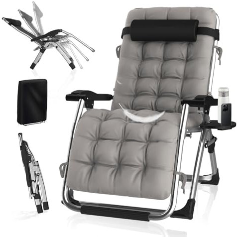 Sonnenliege Klappbar Gartenliege mit Abdeckung,Liegestuhl Klappbar,Extra Breit Verstellbare Rückenlehne Gartenstuhl Belastbar 240kg,Ergonomisches Polster Für Garten,Strand,Balkon (Grau, 83cm)