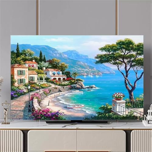 Hixingo TV Abdeckung Staubschutzhülle, 3D Landschaft Muster Schutzhülle Fernseher 32-80 Zoll TV Schutzhülle Fernsehabdeckung Fernseh Abdeckung Abdeckhaube für Fernseher (Meerblick,65inch)