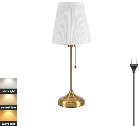 LOGT Nachttischlampe mit Zugschalter 3 Farbtemperaturen Tischlampe mit 1.7M Kabel Stecker Metall Tischleuchte mit Weißer Leinen Lampenschirm Moderne Innen Leselampe E27 für Schlafzimmer Kinderzimmer