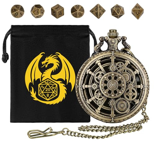 Mini DND Würfel Set, Steampunk Hohl Zahnrad Taschenuhr Schale Hülle, Bronze | 7 teiliger Polyedrischer Metall Würfel, DND Würfel Set Geschenke, mit Geschenktasche, MTG,RPG, Rollenspiel Brettspiel Zubehör