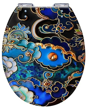 Sedile WC in Resina Blue Cloud, Copriwater Universale a Forma di U/V/O con Chiusura Ammortizzata e Cerniere Silenziose, Design Durevole e Facile da Pulire