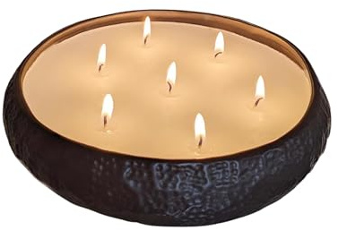 Aeolian 7 Wick Vanilla Scented Candle in Hammered Champagne Bowl (20cm) - Luxurious Soy Wax Table Centrepiece, Perfect Home Decoration Gift, Elegant Interiors by Rowen Homes (Black)