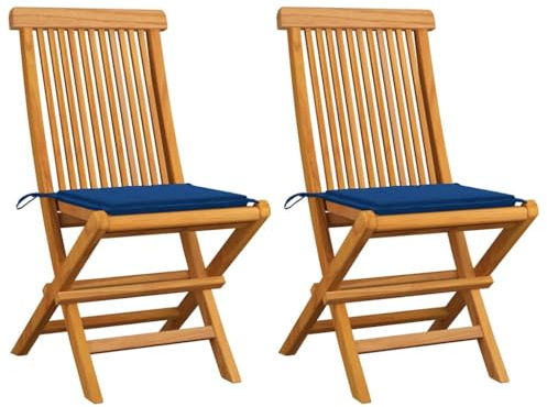 Tonture Teakholz Gartenstuhl Set, klappbar, 2 Stühle mit königsblauen Kissen, 47x60x89 cm, Massivholz für Outdoor Essbereich, Balkon, Terrasse, wetterfest