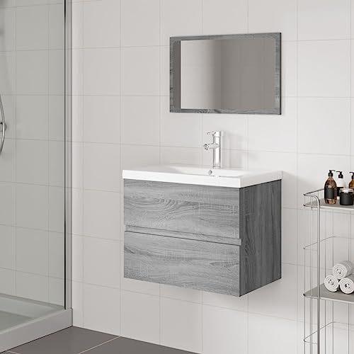 HETFTJN Sonoma - Set di mobili da bagno, 60 x 38,5 x 45 cm, con lavandino e specchio, materiale in legno e ceramica, per piccoli bagni, corridoio o ospiti