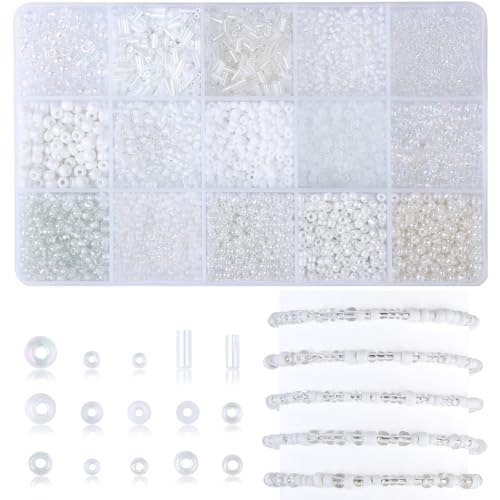 Weiße Perlen Set 2/3/4 mm 15 Farbe Glas Perlen für Armbänder mit Box | AWARDSEN Perlen Weiß Glasperlen zum Auffädeln Kleine Kristallperlen, Glass Beads Geschenkidee für Feiertage