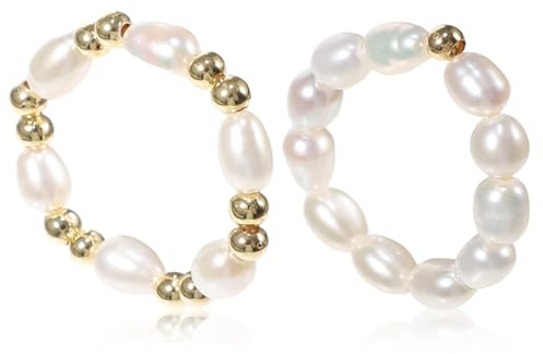 COOPHYA 2 Stück Perlenringe für Damen aus Kupfer mit Verstellbarer Größe und Klassischem Design Elastische Modeschmuck Ringe für Party und Geschenk