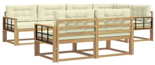vidaXL Outdoor-Sofagarnitur mit Kissen 6 pcs Weiß und Creme Polyester, Terrasse, modernes Outdoor-Möbelset, wetterfeste Garten-Sofa-Garnitur, Flexible Design-Sitzgelegenheiten aus Akazienholz