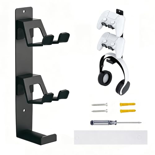 harzifu Support Manette Mural, 3 Étage Porte Manette, Support Mural pour Manettes de Jeu, Accessoires Gaming Compatible avec PS3, PS4, PS5, Xbox, Switch & Casque, sans Perçage, Gain de Place (Noir)