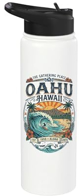 Oahu Hawaii Beach Vacation Travel Hawaiian Aloha Surfer Stainless Steel Insulated Water Bottle