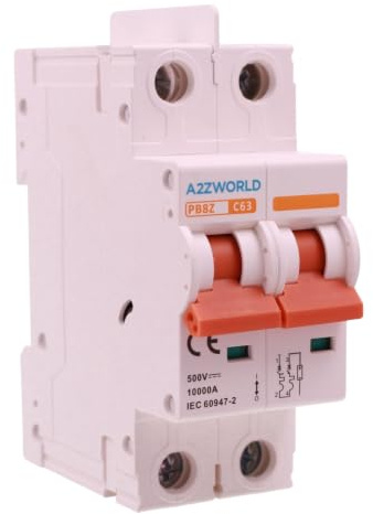 Interruttore Magnetotermico DC 63A, MCB DC 2P 500V 10kA, Senza Polarità, con Separatore tra Poli, 2 Moduli IP20, per Fotovoltaico Batterie e Impianti in Corrente Continua, Modello P8BZ