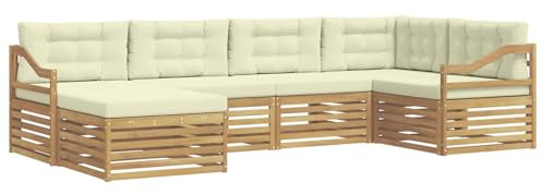 vidaXL Outdoor-Sofagarnitur mit Kissen 6 pcs Weiß und Creme Polyester, Gartenmöbel, modernes Outdoor-Sofa, langlebiges Ecksofa, Terrassenlounge für entspanntes Sitzen