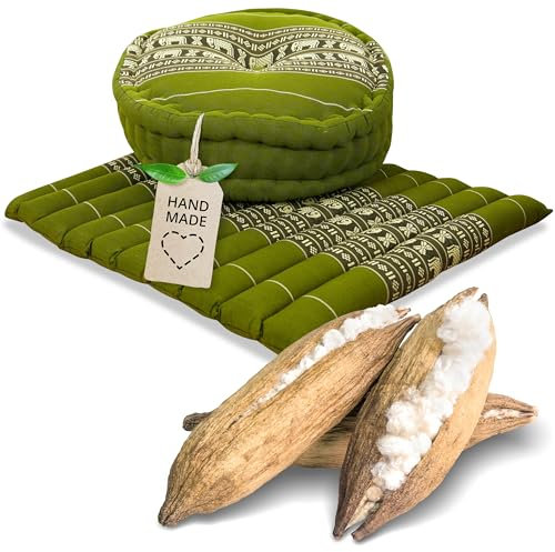 livasia Meditationsset L - Ø 38x15cm / Matte 50x50x4,5cm - Yogaset mit Kissen und Matte, Pouf, Yogamatte und Yogakissen mit Kapok handgefertigt, Bodenkissen Outdoor, Zafukissen (Grün/Elefanten)