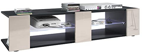 Vladon Movie V2 Lowboard, TV Unit with 6 Open Compartments and Panels, Black matt/Sand grey High Gloss, incl. white LED-lighting (134 x 29 x 39 cm)