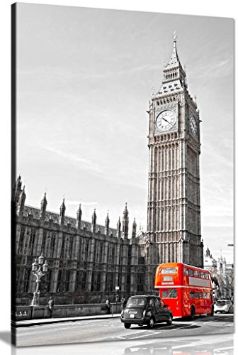 Big Ben London Bus Black White Red Home Canvas Wall Art Picture Print (12x8in)
