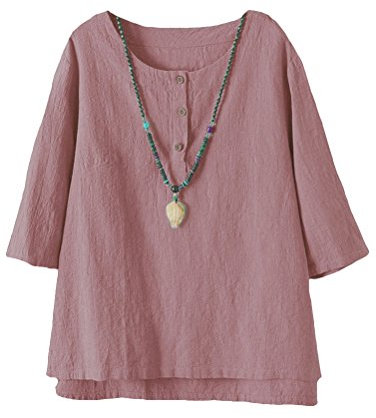 Vogstyle Femmes T-Shirts Coton Lin Chemise Chic Simple Haut Jacquard Tops Tunique (X-Large, Rose)