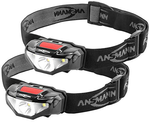 ANSMANN LED Stirnlampe HD70B 2er Set mit 65 Lumen, IP44 Spritzwasserschutz, 80m Reichweite, 3 Funktionen - 3W Kopflampe ideal zum Radfahren, Laufen mit Hund, Joggen, Angeln, Camping & Werkstatt