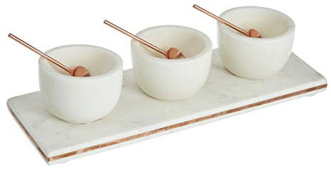 Premier Housewares Marble Serving Tray, 3 Condiment Board, White Marble, Copper Inlay - 31cm,1001202