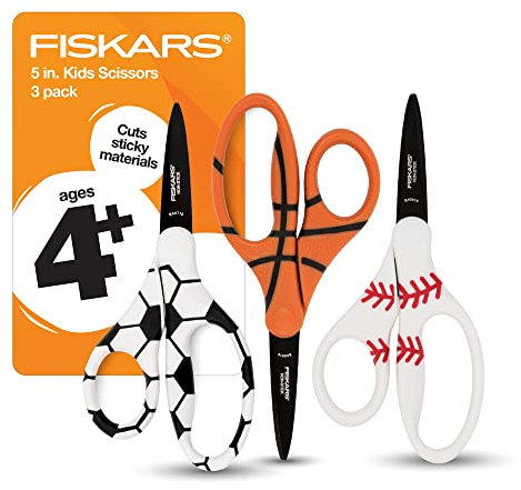 Fiskars 12,7 cm Spitzschere für Kinder 4–7 mit Antihaft-Klingen (3er-Pack) – Schere für Schule oder Basteln – Schulbedarf – Sport-Design